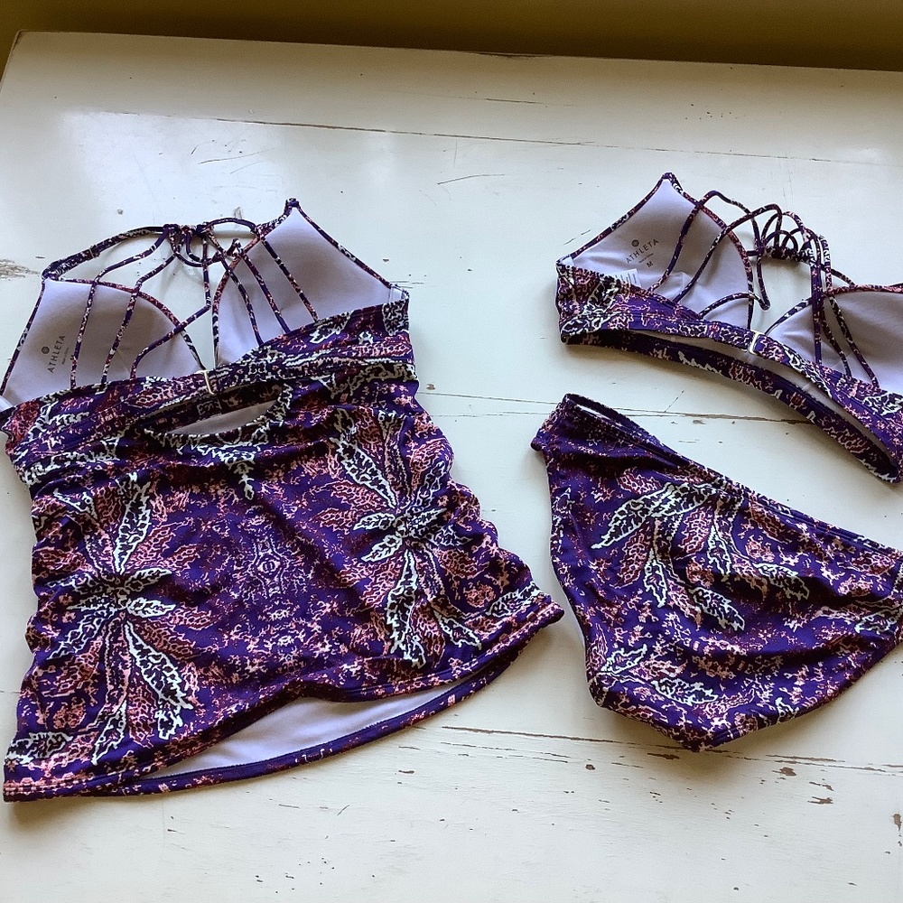 3 pIece ATHLETA Aqualuxe Paradise Print Molded Tankini bikini top bottoms SZ Med - Picture 2 of 7